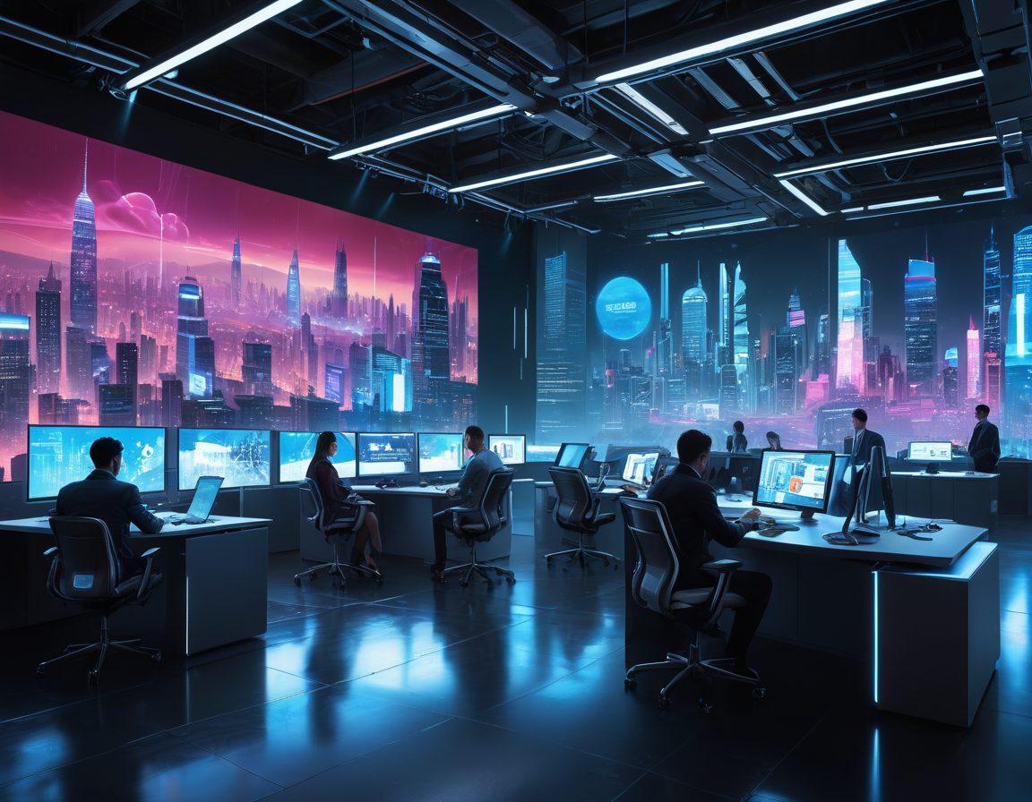 A futuristic IT workspace with diverse professionals collaborating over digital screens filled with innovative tools and designs. Include holographic displays showcasing data analytics and cloud technology. Infuse vibrant colors to highlight creativity and progress, with a backdrop of a city skyline symbolizing growth and transformation. cyberpunk. vibrant colors. 3D.