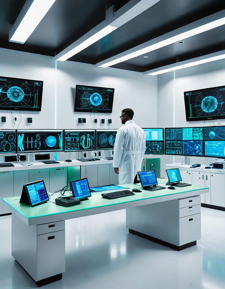 A futuristic laboratory showcasing cutting-edge scanning technology, with vibrant holographic displays of 3D scans and data analytics. Scientists are collaborating, surrounded by advanced machines and digital interfaces, highlighting essential trends in scanning. The ambiance is sleek and modern, emphasizing innovation and progress. Bright blues and greens dominate the color palette, creating a dynamic yet professional atmosphere. super-realistic. vibrant colors. white background.