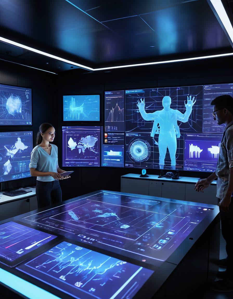 A futuristic digital scanning device surrounded by holographic screens displaying charts, graphs, and 3D models of scanned objects, with a diverse group of people interacting with the technology in a high-tech lab setting. The atmosphere is sleek and modern, with glowing elements that represent innovation and insight, highlighting the latest trends in technology. super-realistic. vibrant colors. 3D.